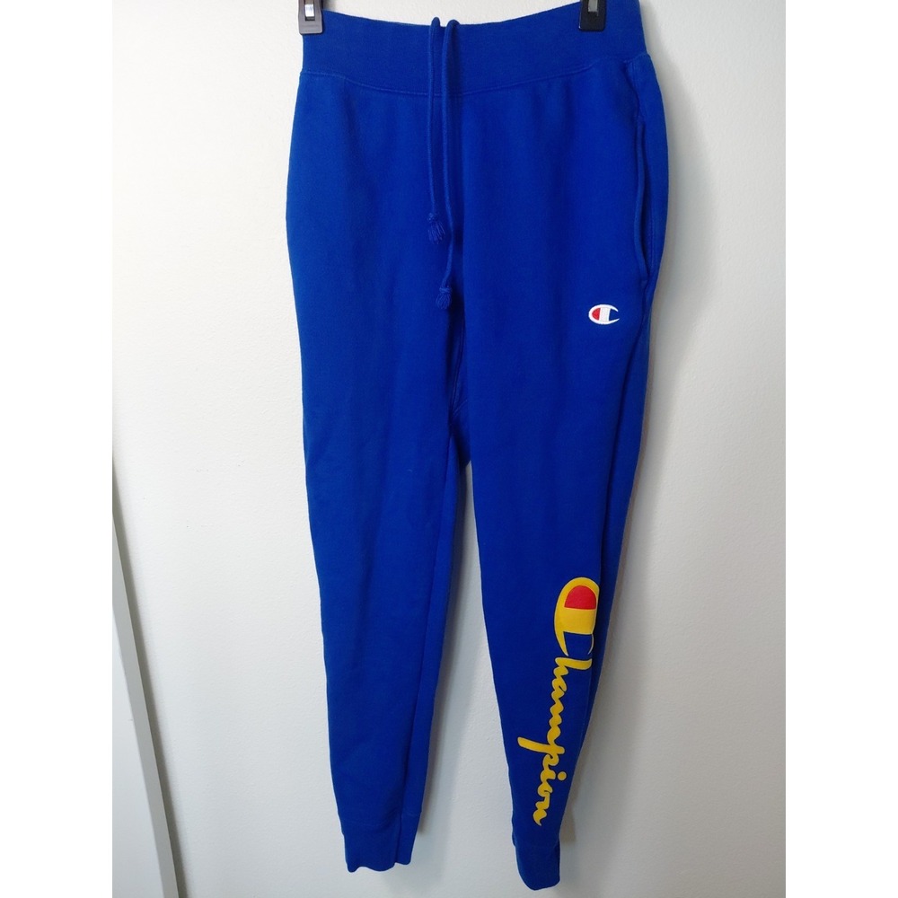 Vintage Champion Jogger Sweat Pants Mens Smal Blue Velour Script Reverse Weave
